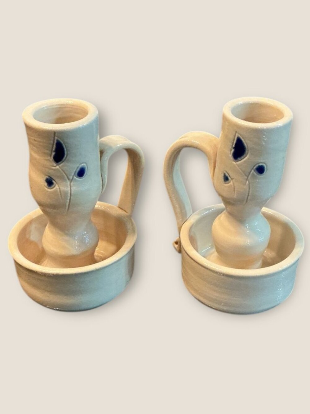 Handcrafted Salt Glazed Ceramic Candle Holders With Handles 3" High 1.5" Wide